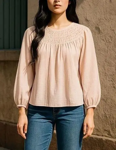 Downeast NWT Pleated Yoke Long Sleeve Blouse Light Beige Blush Size Small NEW