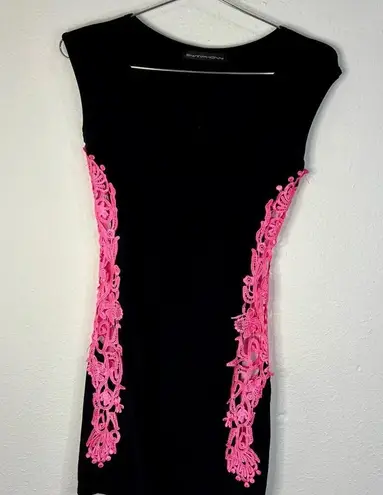 Symphony Black Dress Pink Open Cutout Stitch Sides Bodycon Mini Dress Size Small
