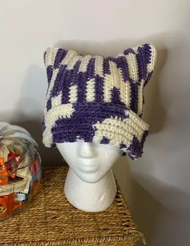 Handmade Purple White Cat Beanie Hat