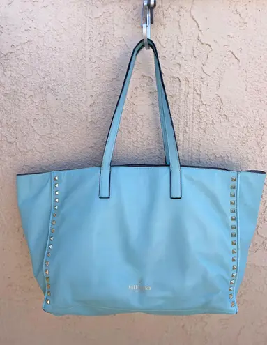 Valentino Garavani Valentino Rockstud medium light blue soft smooth leather shopping tote bag