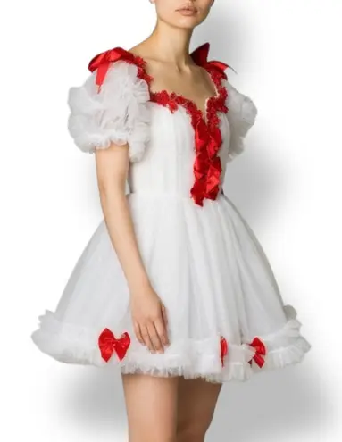 Sugar Thrillz Winter Rose White Tulle Coquette Dress Red Bows Valentine Babydoll Size M