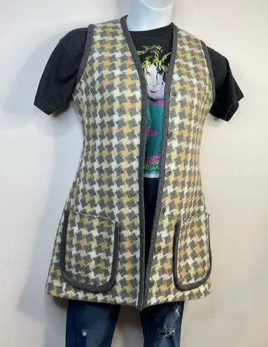 Vintage 60s 70s Patty Woodard Wool houndstooth Plaid Long mod Vest womens 10 S M Gray Size M