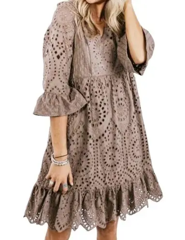 Hidden Alley  Dress Midi Eyelet Lace Babydoll Dress Cocoa Brown Womens Size Small