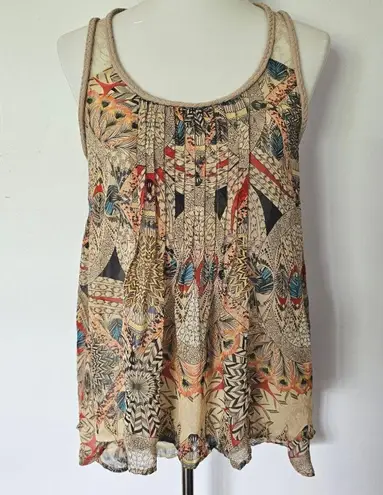 Modcloth  Doe & Rae Taupe Abstract Patchwork Braid Back High Low Tank Size Large