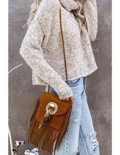 Bohemian Feather Tassel Beading Shoulder Crossbody Bag Brown