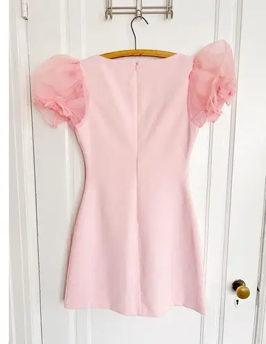 Likely • Ari Dress mini sheer puff sleeve Rose Shadow pink fitted scoop neck