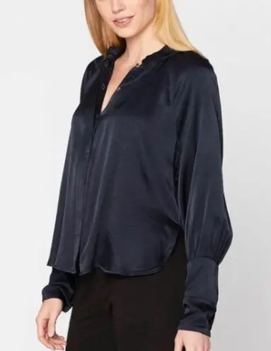 XCVI Thomasin Satin Blouse Hi-Low Hem Navy Blue