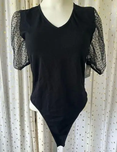 Lark + Grey NWT Women's V Neck Puff Mesh Polka Dot Sleeves Bodysuit L XL Black Size L