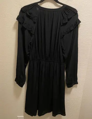 Ba&sh Black Long Sleeve Ruffle Detail Split Neck Crossover Mini Dress Size L