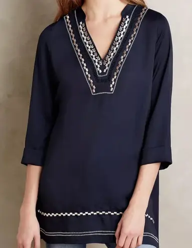Dolan Anthropologie Top Blouse Embroidered Dark Blue 3/4 Sleeves V