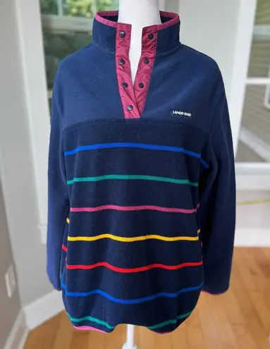 Land’s End Heritage Fleece Navy Blue Rainbow Stripe Quarter Snap Sweatshirt M Size M