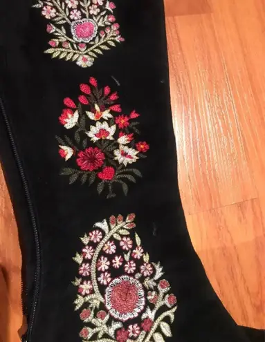 Oscar de la Renta Floral Print Suede Knee High Boots