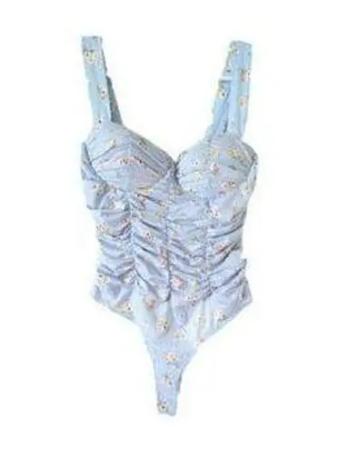 Haute Monde  Bodysuit with Bra Corset Size M Light Blue with Small Yellow Flowers