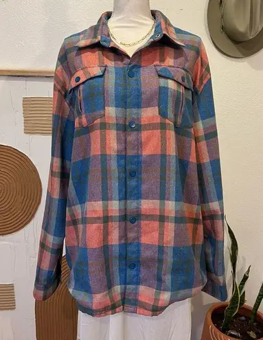 Quiksilver  Blue & Pink Flannel Snap Button Quiktech Layering Utility Shirt XL