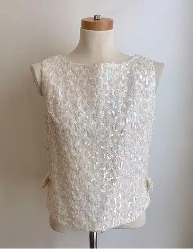 Vintage 1960s White Iridescent Sequin on Lace Sleeveless Top w Bows ILGWU Small