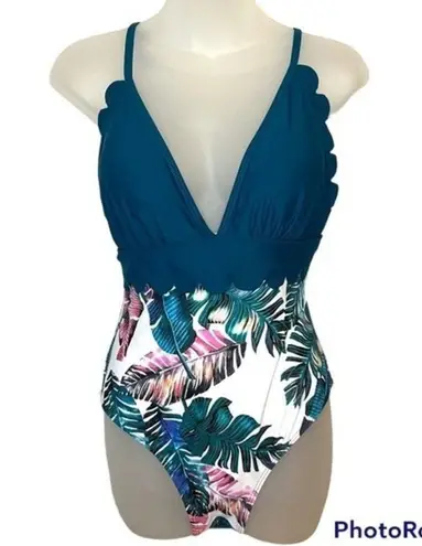 Women's Leaf Print Two Tone One Piece Ruffle V