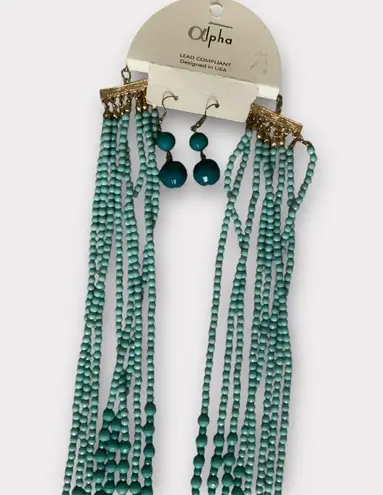 Women’s Beaded Long Layered Teal & Turquoise Necklace & Earring Set #1006 Green