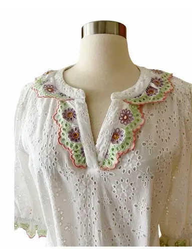 Roller Rabbit Luca Caftan Dress White Eyelet Embroidery Scalloped Floral Small