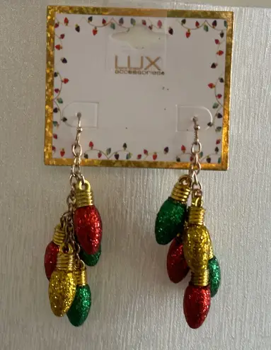 Lux NWT!  Fun Dangle Christmas Pierced Earrings Glitter Bulbs In Gold Red & Green