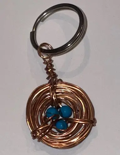 Copper Wire Birds Nest Keychain with Blue Beads Brown