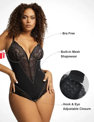 Popilush The Shapewear Bodysuit Deep-V Neck Lace Thong