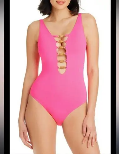 Bleu Rod Beattie Bleu By Rod Beattie Kore Beaded Lace-Up Vibrant Pink One Piece Swimsuit Size 6