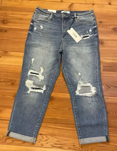 Mica Denim High Rise Stretchy Boy Crop Jeans 14W Destruction Ripped Cuff Hem New Blue