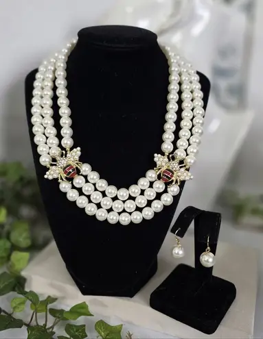 Boutique Gold and Three Strand Pearl with Bee Accent and Earrings Set