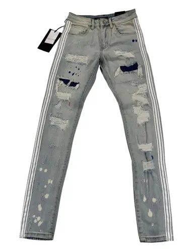 Embellish Distressed Ripped Denim Jeans White Stripe Light Wash Womens Size 28 Blue