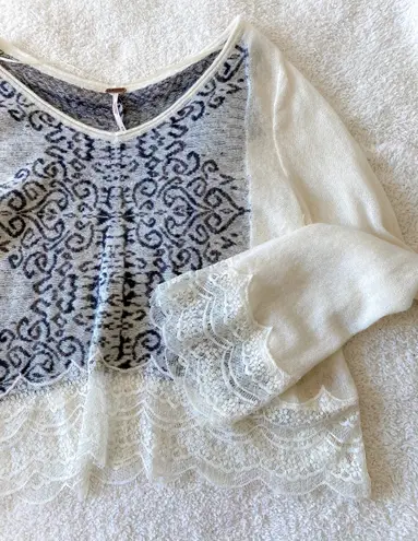 Free People Cream & Black Print Long Sleeve Sweater With Lace Hem Bell Sleeves