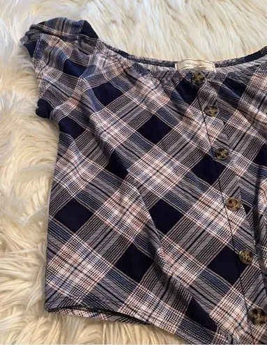 No Comment Off Shoulder Top Navy Plaid