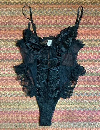 VINTAGE SEXY BLACK LACE TIE FRONT RUFFLE TRIM BODYSUIT Size M