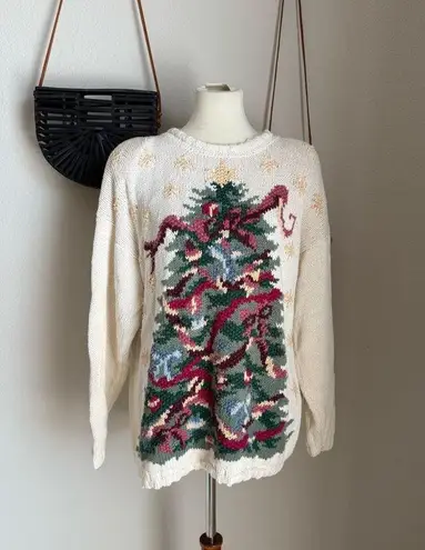 Carly St. Claire Cream Christmas Knit Sweater, Size Large Green