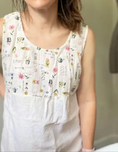 Vintage Linen garden print shift dress natural linen color sleeveless midi Size M