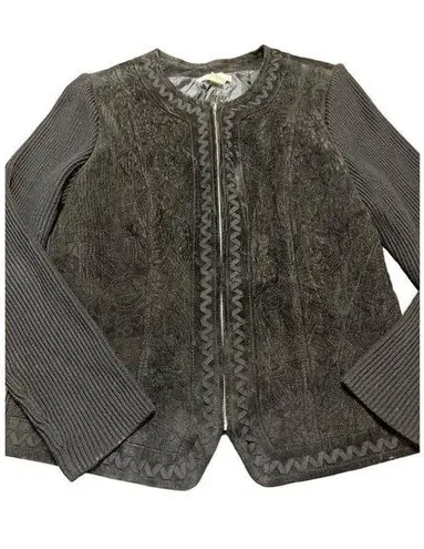 Peter Nygard Womens Black Ribbed Knit & Suede Detailed Sweater Jacket Size M