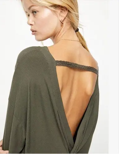 Free People Shimmy Shake Top XS Low Open Back Army Green Slouchy Dolman Boho