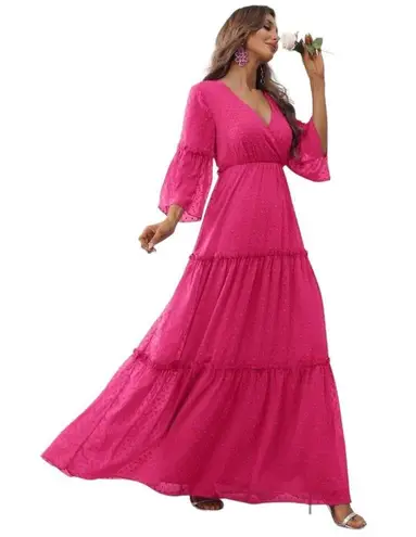 Faeriesty Swiss Dot Surplice Neck Flounce Sleeve Ruffle Hem Dress