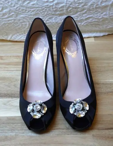 Sam & Libby Crystal Embellished Peep Toe Satin Heels Pumps Size 8