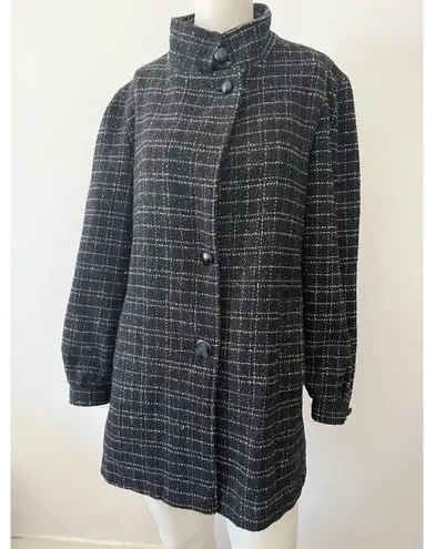 Vintage 80s Made In USA Size 9/10 Black White Geometric Plaid Mock Neck Pea Coat
