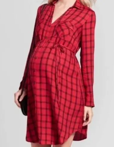 Ingrid and Isabel Red & Black Maternity Plaid Dress/Top “Shacket” Collared Size undefined