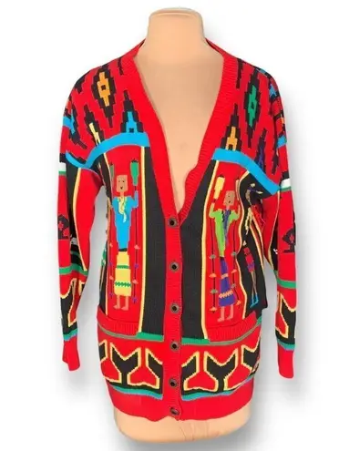 Vintage Jack B. Quick Red Black Tribal Graphic Knit Oversized Cardigan Sweater