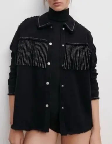 ZARA  Rhinestone Fringe Studded Jean Jacket‎  Black Size Medium