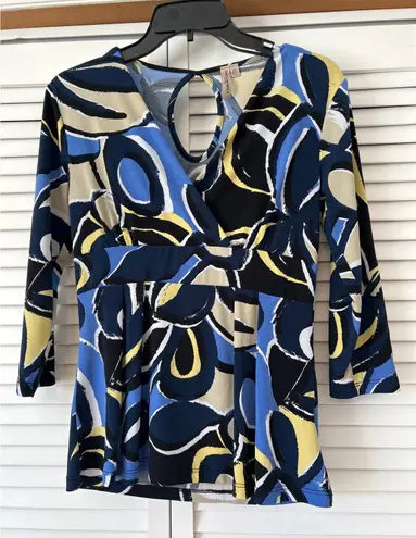 Susan Lawrence Petite Women's Abstract Print V-Neck Babydoll 3/4 Sleeve Top PS