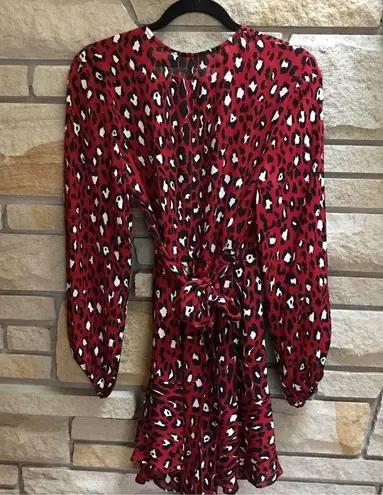 ALC Frank A.L.C. Red & Black Leopard Print Silk Mini Wrap Dress Size 4