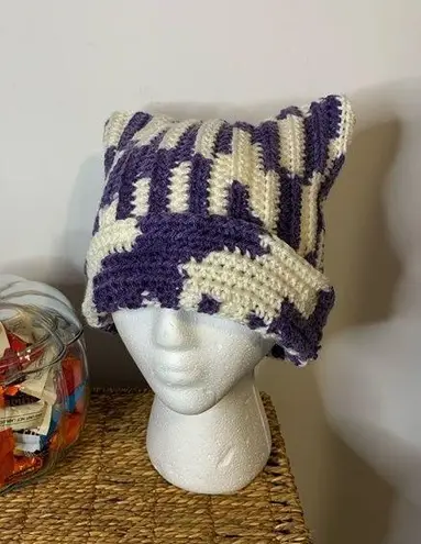 Handmade Purple White Cat Beanie Hat