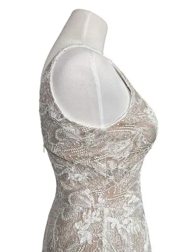 Dress the Population NEW Elisa Vine Embroidered Midi Dress White Nude Small