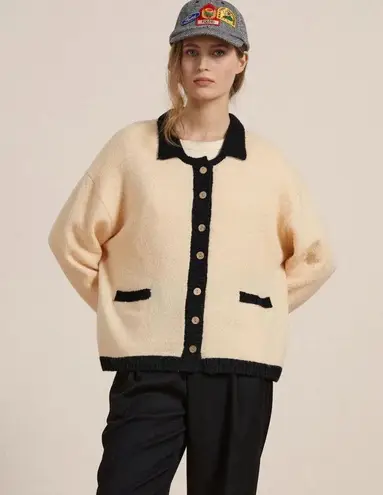 Found Sima Contrast Collar Knitted Cardigan Sweater Sz XL Cream Black Unisex