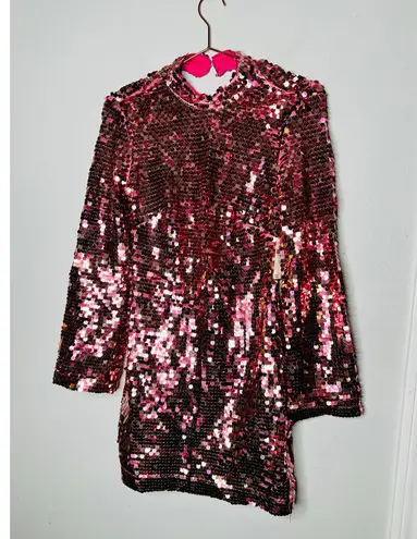 Maeve ANTHROPOLOGY Pink Sequin Mock Neck Bell Sleeve Mini Dress NWT Size XS