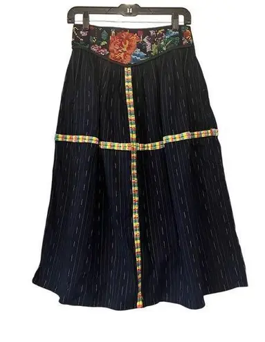 Unique Vintage Cotton Tapestry Waist Midi Skirt, Dark Navy