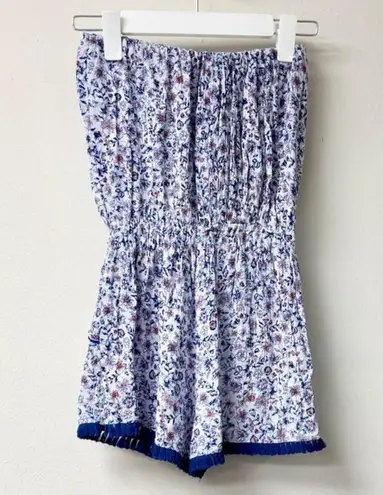 Poupette St. Barths Floral Print Strapless Short Romper Blue Women's Size XS